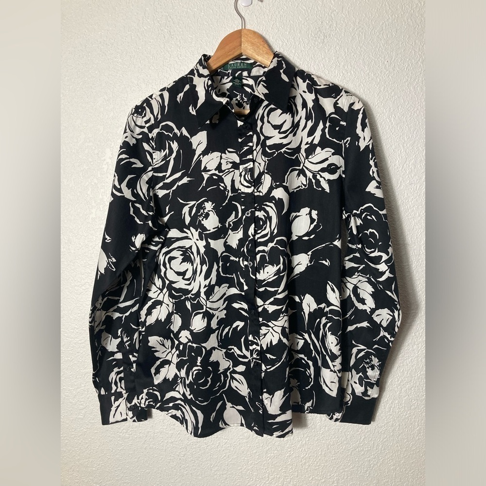 Lauren Ralph Lauren black and white roses print button down shirt long sleeve L